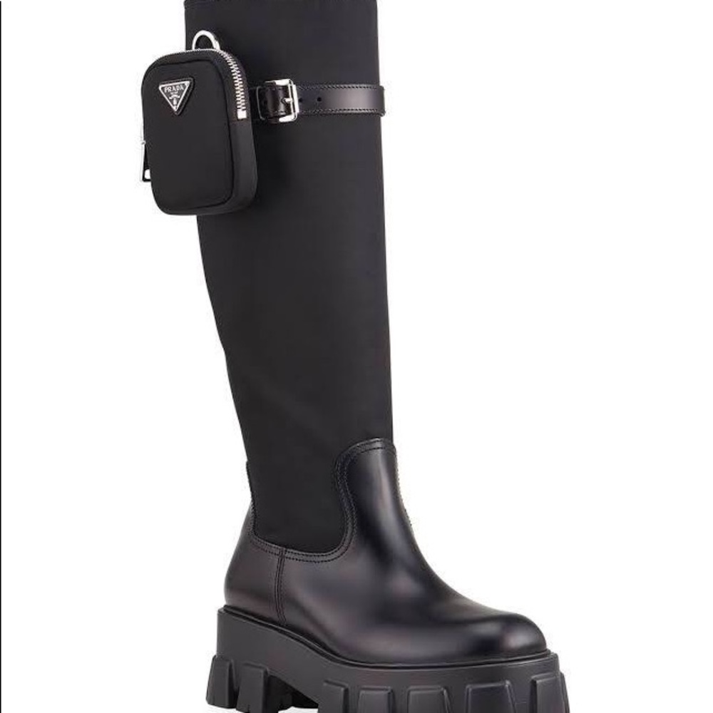 Prada Black Tall Combat Moto Boots with Detachable Pouch